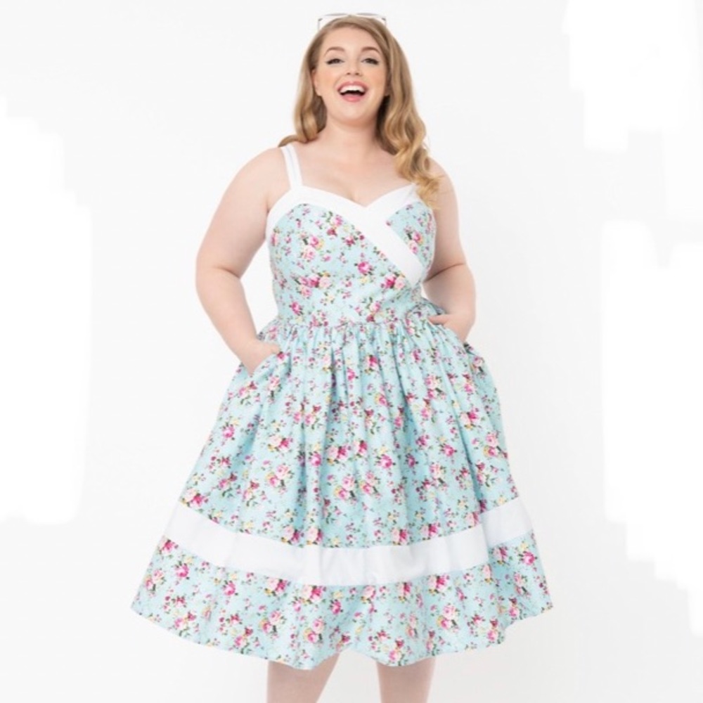 Unique Vintage Light Blue Floral Midi Dress with White Trim